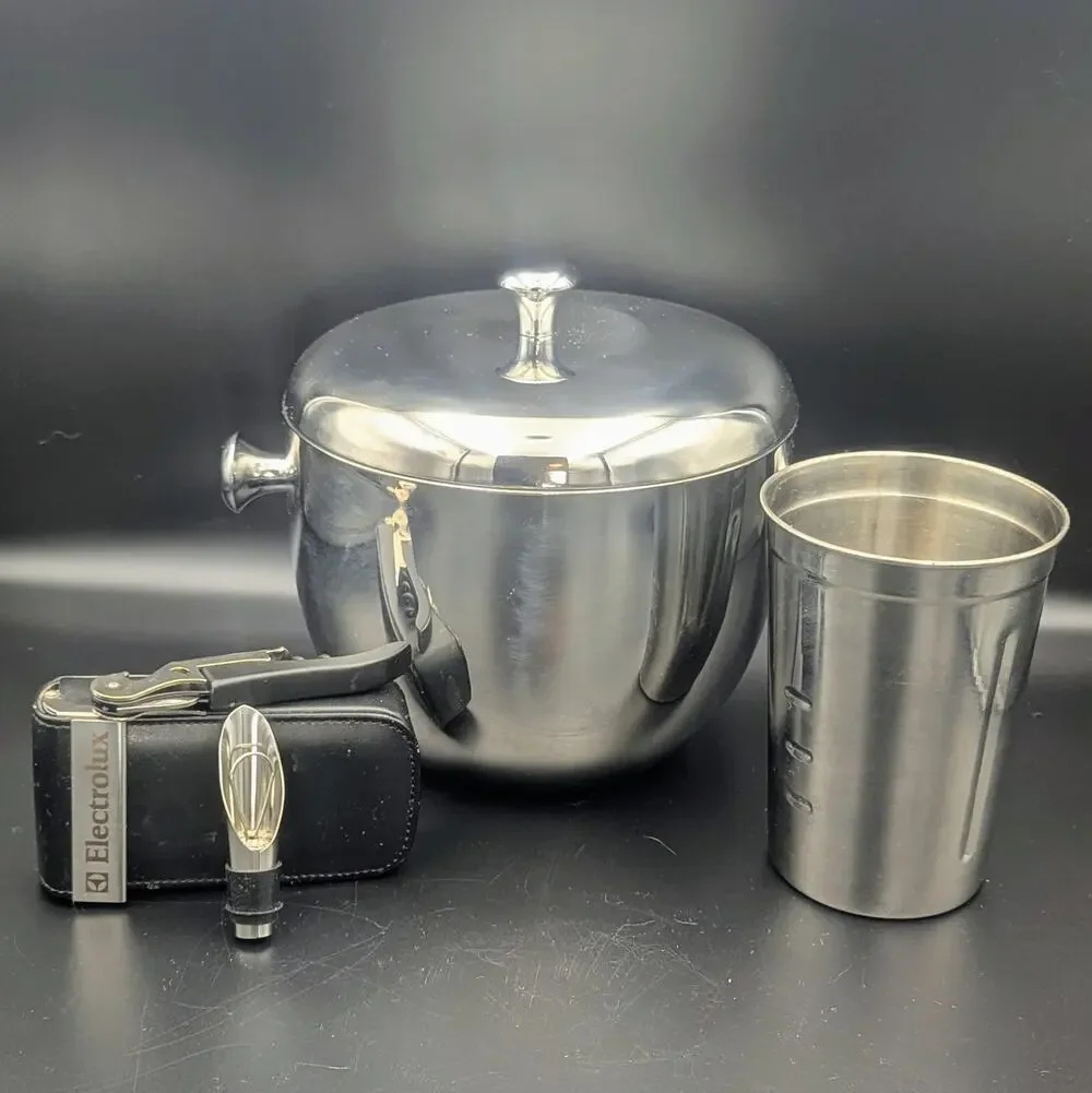 Stainless Steel Bar Set • Mikasa Ice Bucket • Shaker • Leather Bar Tool Case